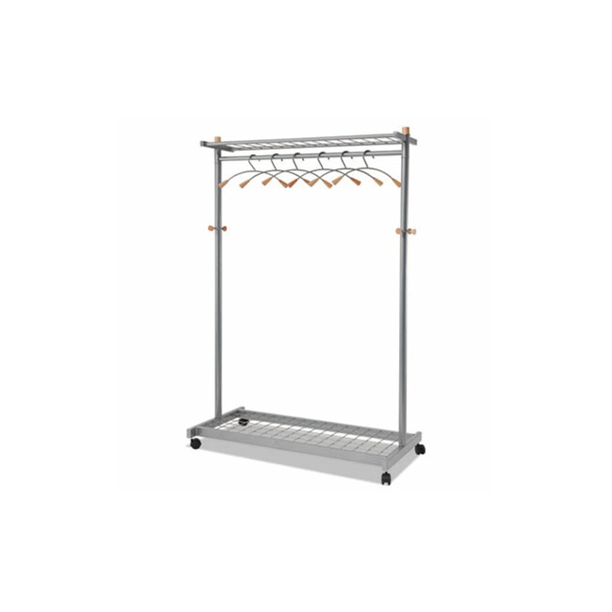 Alba Pmlux6 Garment Racks, Two-Sided, 2-Shelf Coat Rack, 6 Hanger/6 Hook, Silver Steel/Wood