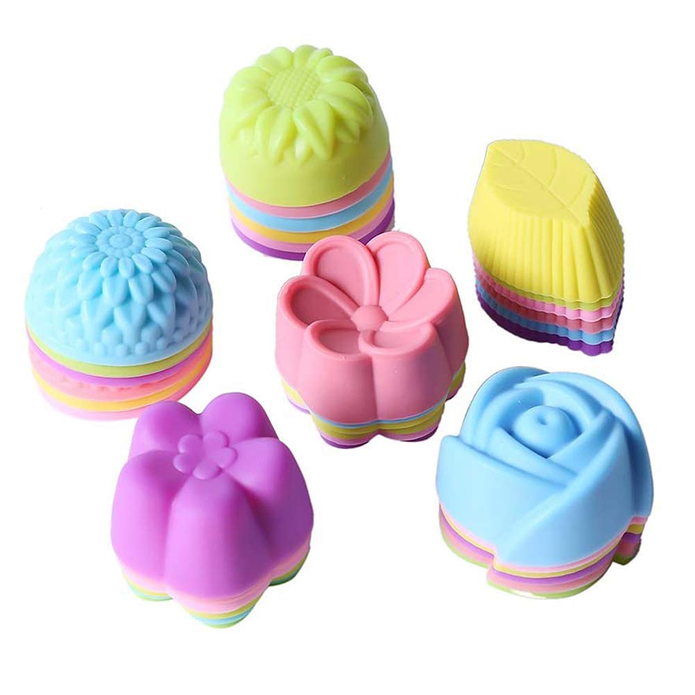 Magik 36 Pcs Reusable Non-Stick Silicone Mini Baking Muffin Cupcake Chocolate Cups (Assorted Flowers 2)