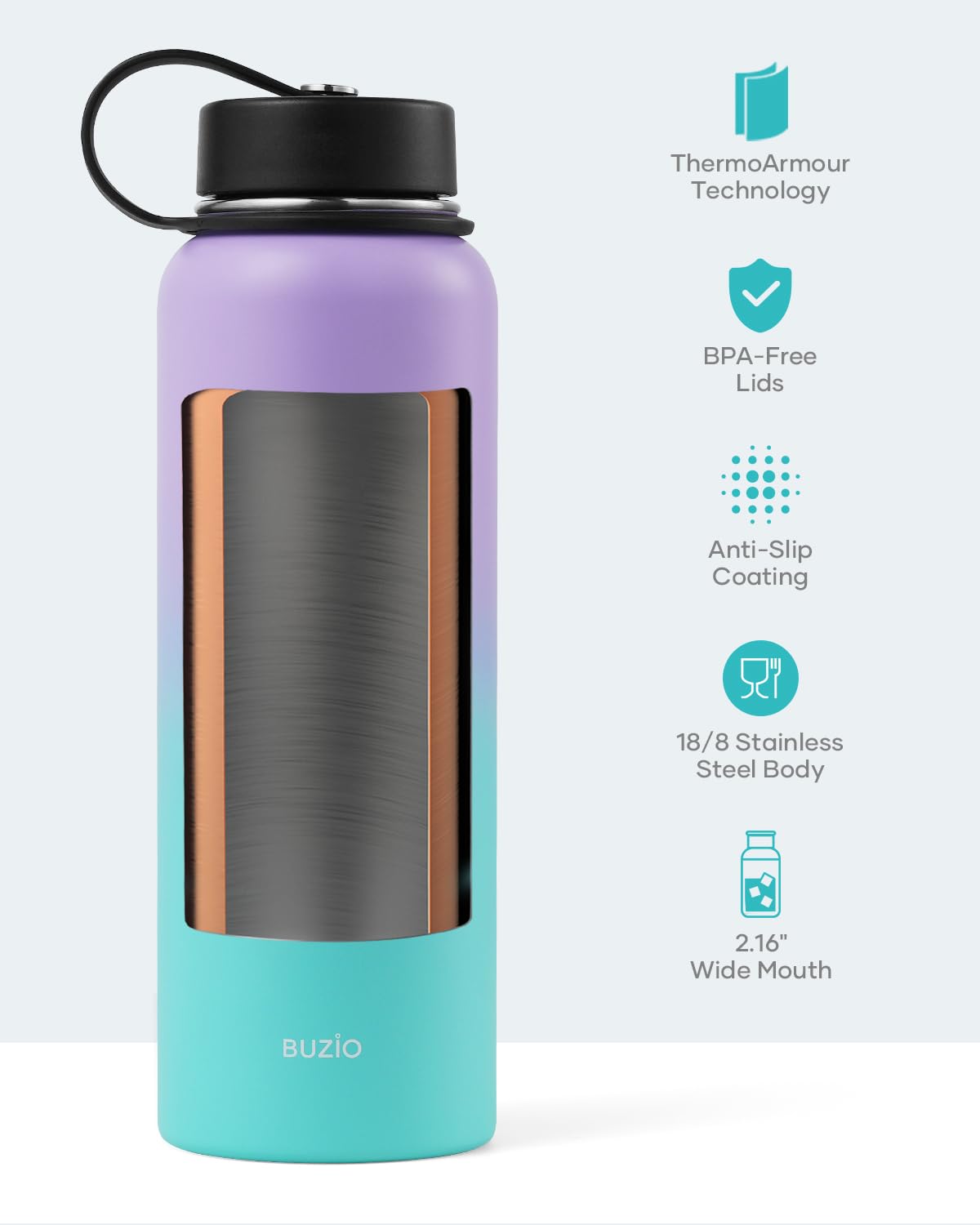 Buzio 40Oz Insulated Water Bottle, Stainless Steel Double Wall Water Flask (Cold For 48 Hrs) Leak Proof Sports Bottles Jug With