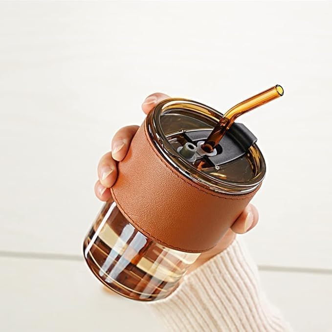 Reusable Glass Coffee Sipper Mugs with Lid & Straw Pack of 1, 400ml Multipurpose Drinking Glasses Tumbler with Leather Sleeve Cu