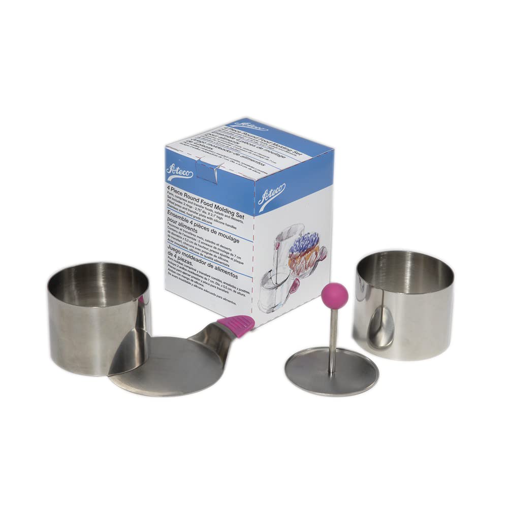 Ateco Round Food Molding Set, 2.75 By 2.1-Inches High, 4-Piece Set Includes 2 Rings, Fitted Press & Transfer Plate