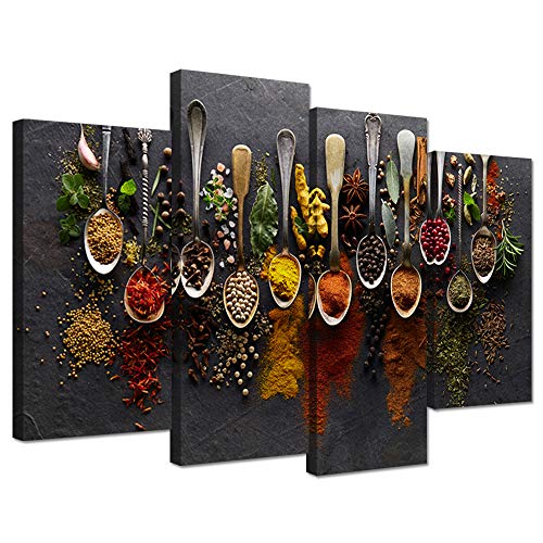 Ihappywall Kitchen Pictures Wall Decor 4 Pieces Couful Spice In Spoon Vintage Canvas Wall Art Food Photos Painting On Canvas Str