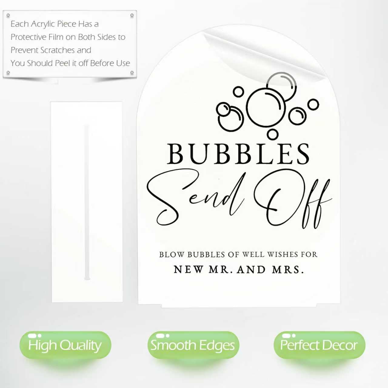 White Arch Acrylic Wedding Sign- 8x10 Bubbles Send Off Sign and Base,1/8 Thick | Modern Calligraphy Arched Acrylic Signs for Wed