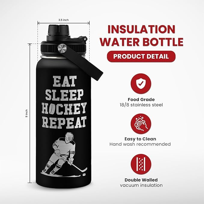 Ice Hockey Insulated Engraved Stainless Steel Water Bottle 32oz, Vacuum Chug Lid Travel Tumbler For Men Friends Hockey Lovers Fa