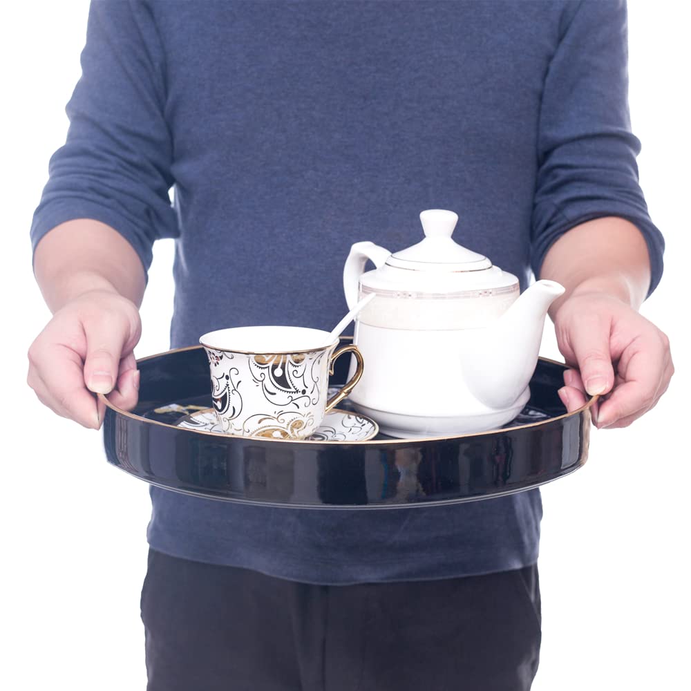 MAONAME 13'' Round Decorative Tray  Marbling Plastic Tray with Handles  Coffee Table Tray and Serving Tray for Ottoman  Kitchen  Bathroom  Black