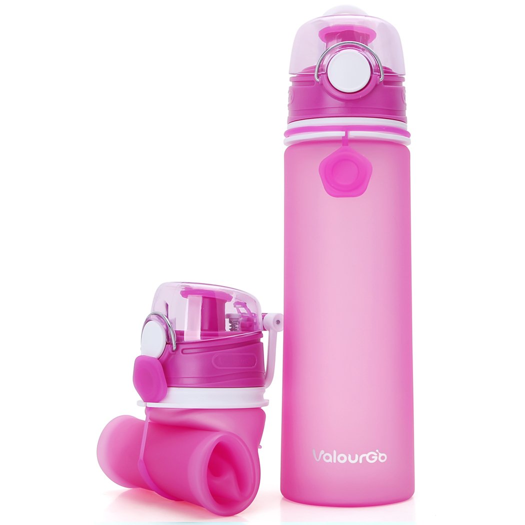Valourgo Collapsible Water Bottle, Silicone Foldable With Leak Proof Valve Bpa Free - Pink 21 Oz