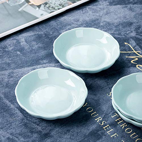 Sizikato 6Pcs Light Blue Porcelain Snack Plates, 4-Inch Flower-Shaped Appetizer Plate Dipping Bowl.
