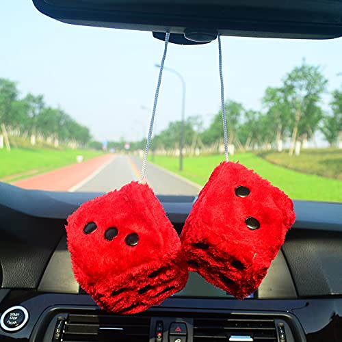 Pair 3    Red with White Dots Mirror Fuzzy Plush Dice,Red and White Soft Plush Car Decorative Hanging Ornament