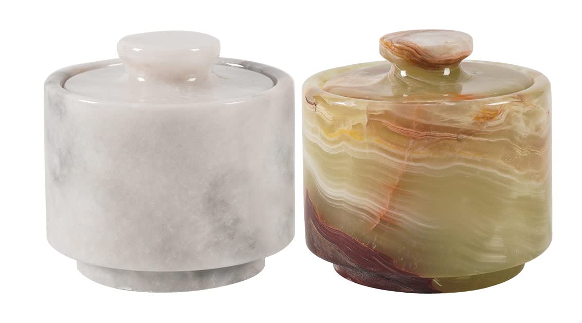 Marblous Krafts Marble White And Green Onyx 35 Oz Salt Cellar, Trinket Box And Pinch Pot 3 X 3 Kitchen Dacor For Counter Mason S