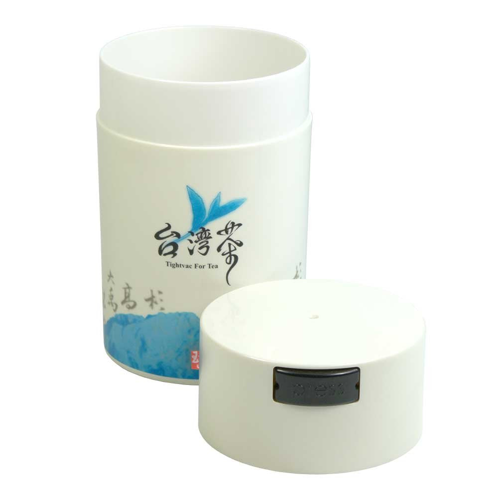 Teavac 6-Ounce Vacuum Sealed Tea Storage Container, White Cap And Body/Blue Tea Sign