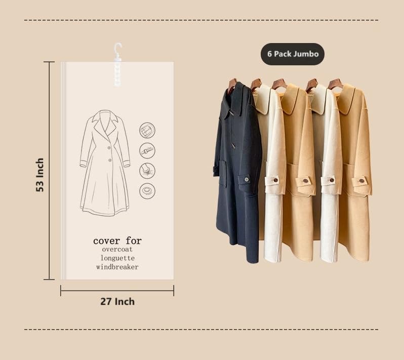 Sunhorde Hanging Space Bags Vacuum Storage Bags For Clothes, Dress, Winter Coats, 6 Pack 53.1X27.6 Inch, Large Reusable Garment