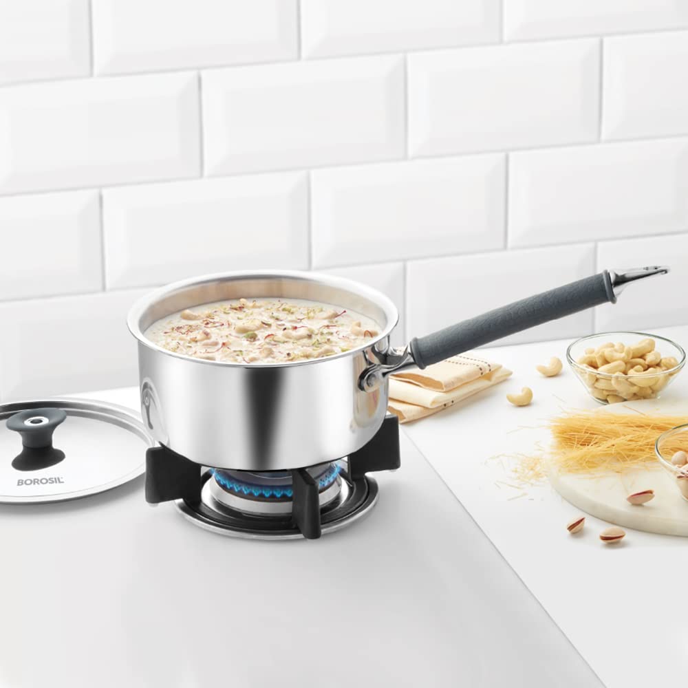 Borosil Cookfresh 1.6 L TriPly Stainless Steel Saucepan With Steel Handle | Gas, Induction Compatible | Even Heat Distribution 