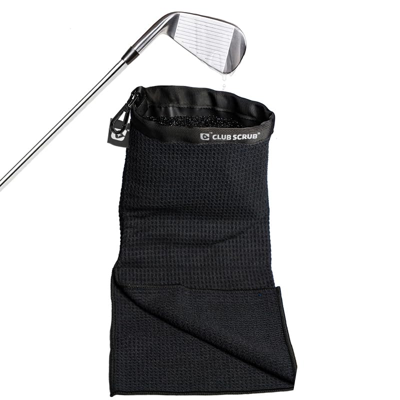 Club Scrub Towel Pro, Golf Club and Ball Cleaning Pouch with Attached Towel, Waterproof Exterior, Waffle-Weave Microfiber (Black