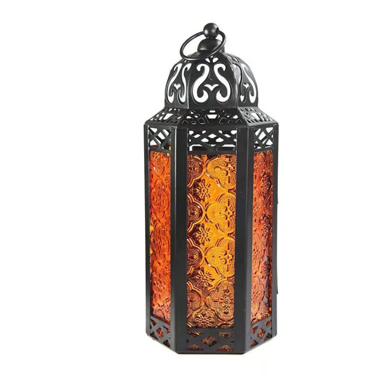 11.5 Moroccan Style Candle Lantern, Black Metal Frame, Orange Colored Glass Panels Great for Patio, Indoors/Outdoors, Events, Pa