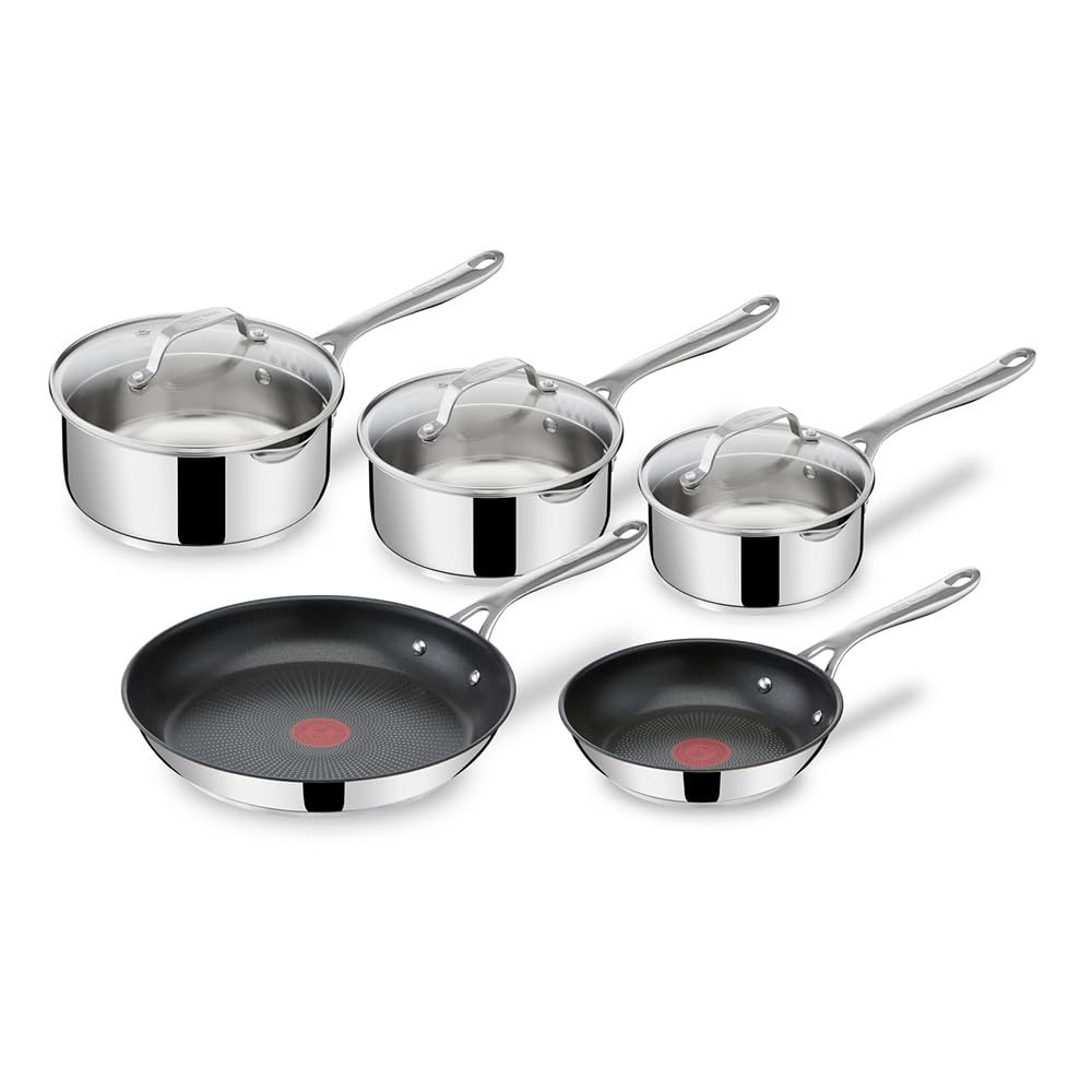 Tefal Jamie Oliver Cook's Direct Stainless Steel Frying Pan, 5 Piece Cookware Set, Non-Stick Coating, Heat Indicator, Riveted Sa