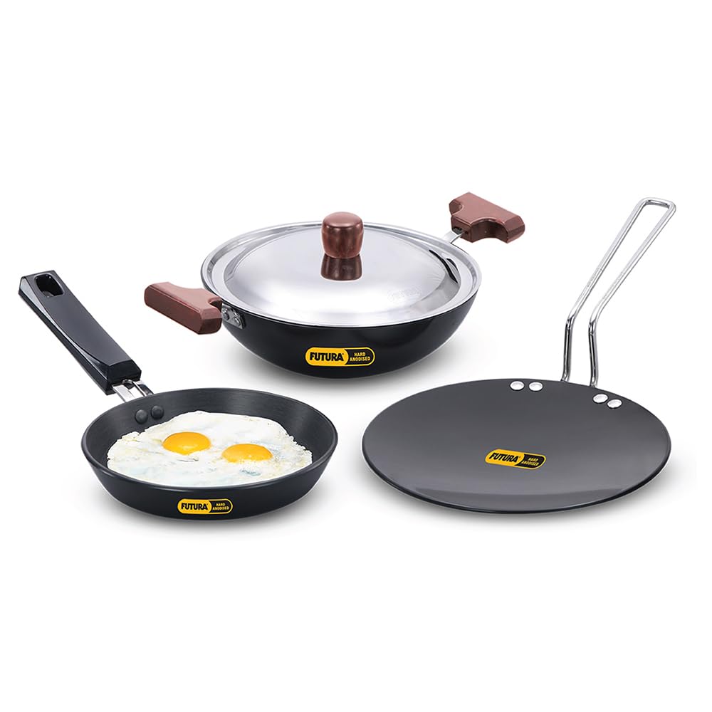 Hawkins Futura 3 Pieces Cookware Gift Set - Hard Anodised Tava, Frying Pan And Kadhai With Stainless Steel Lid (24Hagp)