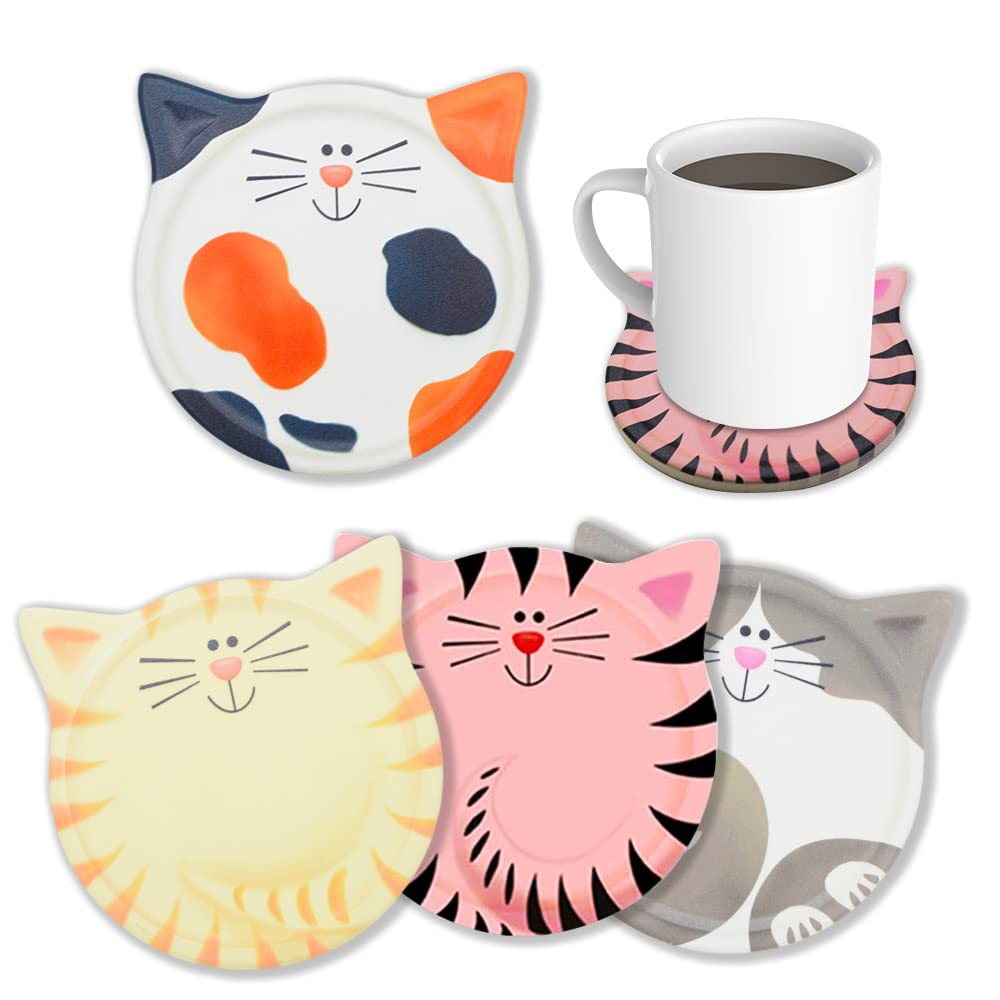Funny Coasters For Drinks Absorbent, Cat Shaped Ceramic Coasters Set Of 4, Unique Gift Ideas For Cat Lovers, Bar Dining Table De