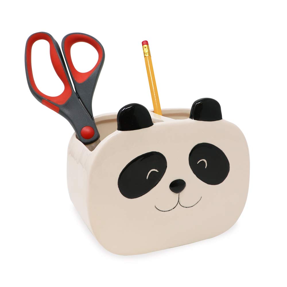 Isaac Jacobs Black And White Ceramic Panda Makeup Brush Holder, Multi-Purpose 2-Section Organizer. Bathroom, Kitchen, Bedroom, O