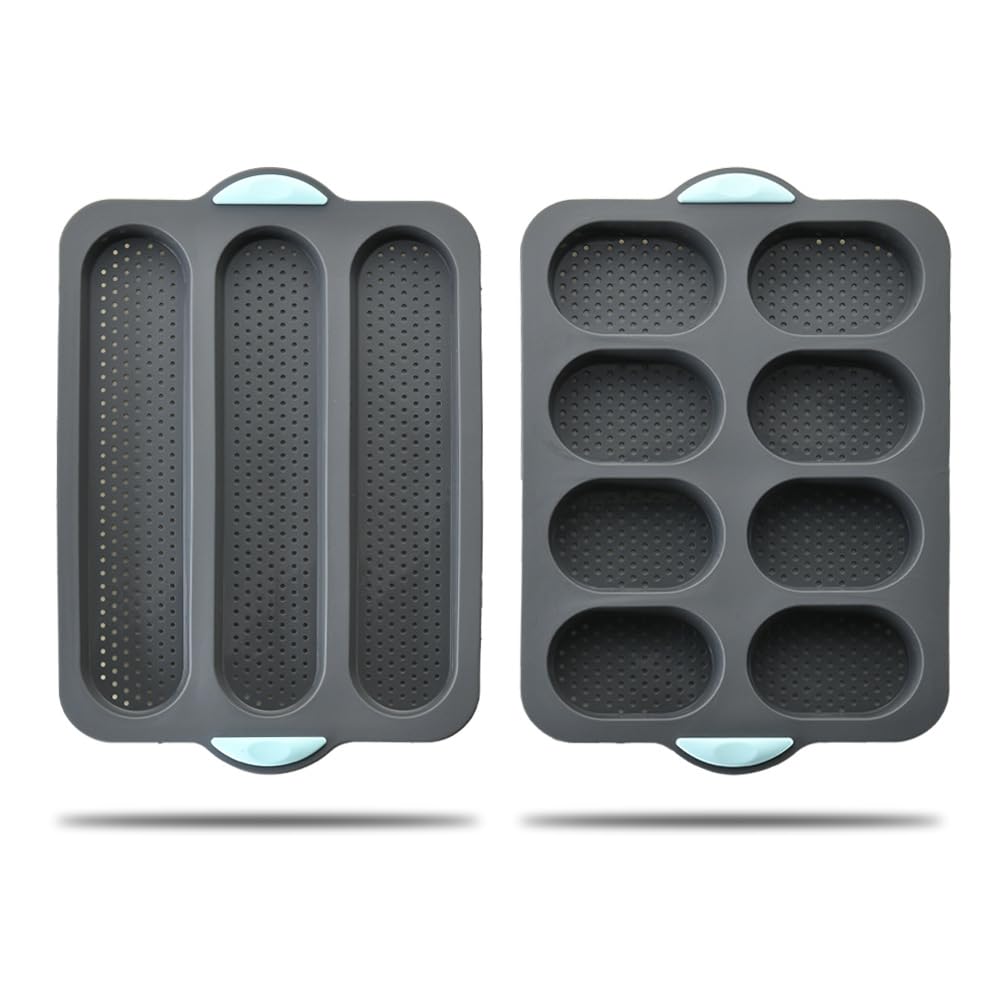Set of 2 Nonstick Silicone Baguette Pan, French Bread Baking Mold, 8 Cup Perforated Hamburger Bun Mold Bread, 3 Wave Long Loaf T