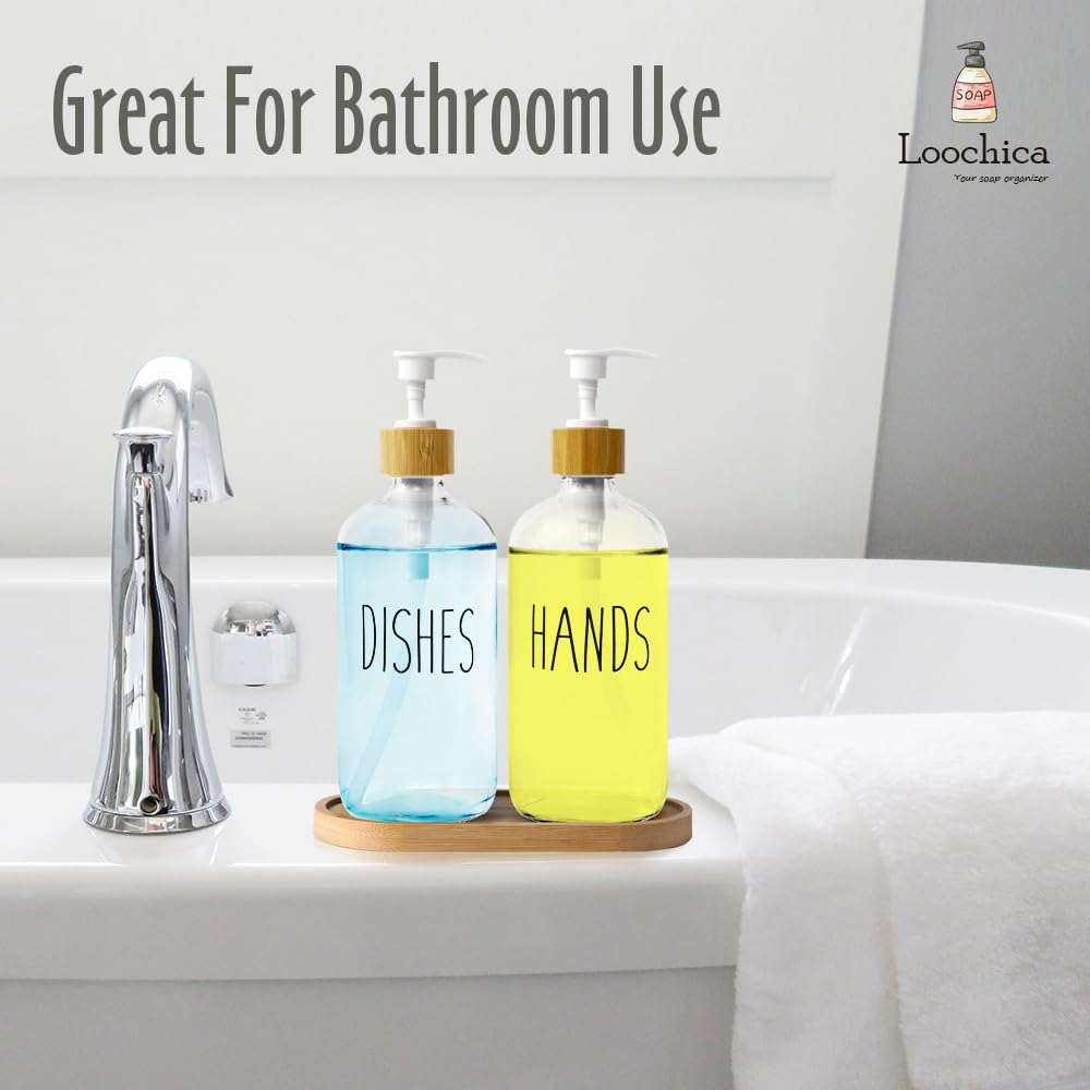 Loochica Clear Glass Soap Dispenser Set With Tray, Transparent Dish And Hand Soap Dispenser Set, Refillable Reusable Apothecary