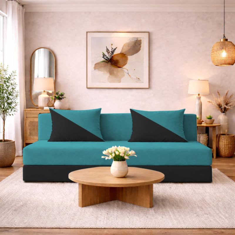 Adorn India Easy Desmond 4 Seater Sofa Cum Bed 6 X 6 (Aqua Blue & Black) (1 Year Warranty)