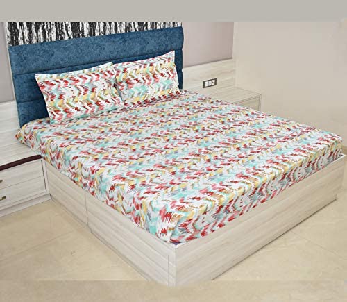 Linenaffairs Bedsheet Bed With 2 Pillow Covers 100% Cotton 144 Tc |Chadar - Flat Sheet With 2 Pillow Covers - Ziz Print Red_Doub