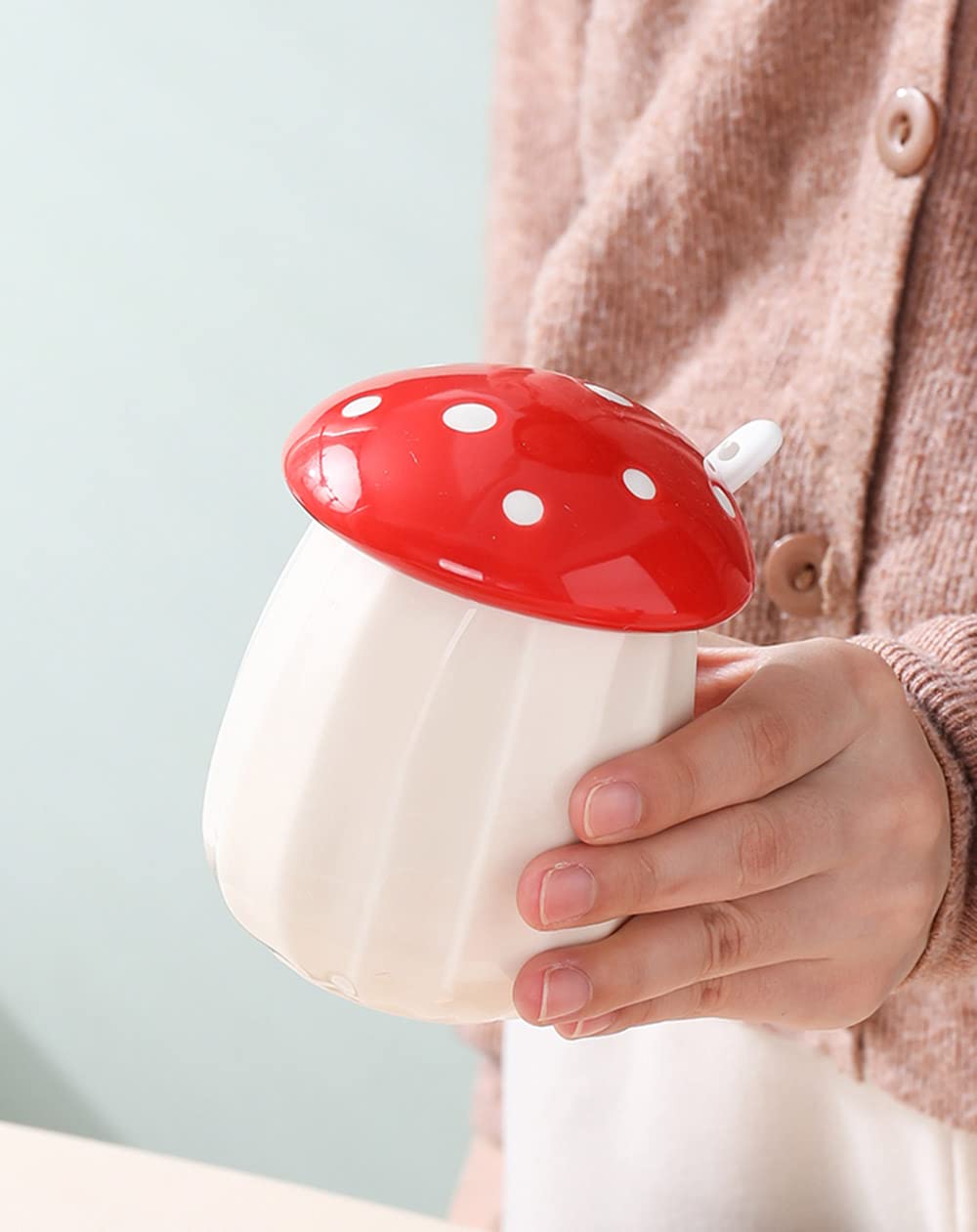 Mozacona Ceramic Mushroom Shape Sugar Bowl Spice Jar Seasoning Pot With Lid Spoon