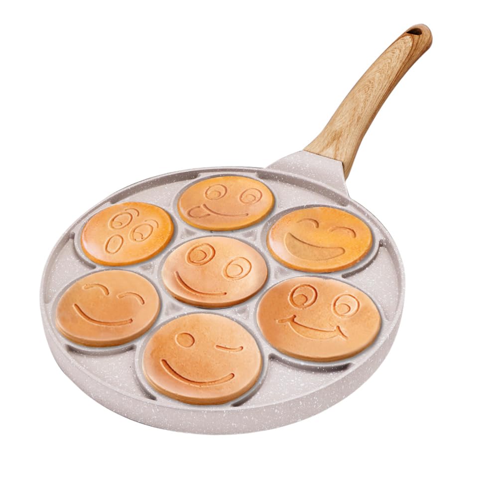Bobikuke Smiley Face Pancake Pan - 10 Inch Mini Pancakes Maker With 7-Cup Mold Blini Pan Silver Dollar Pancake Pan Pancake Pan N