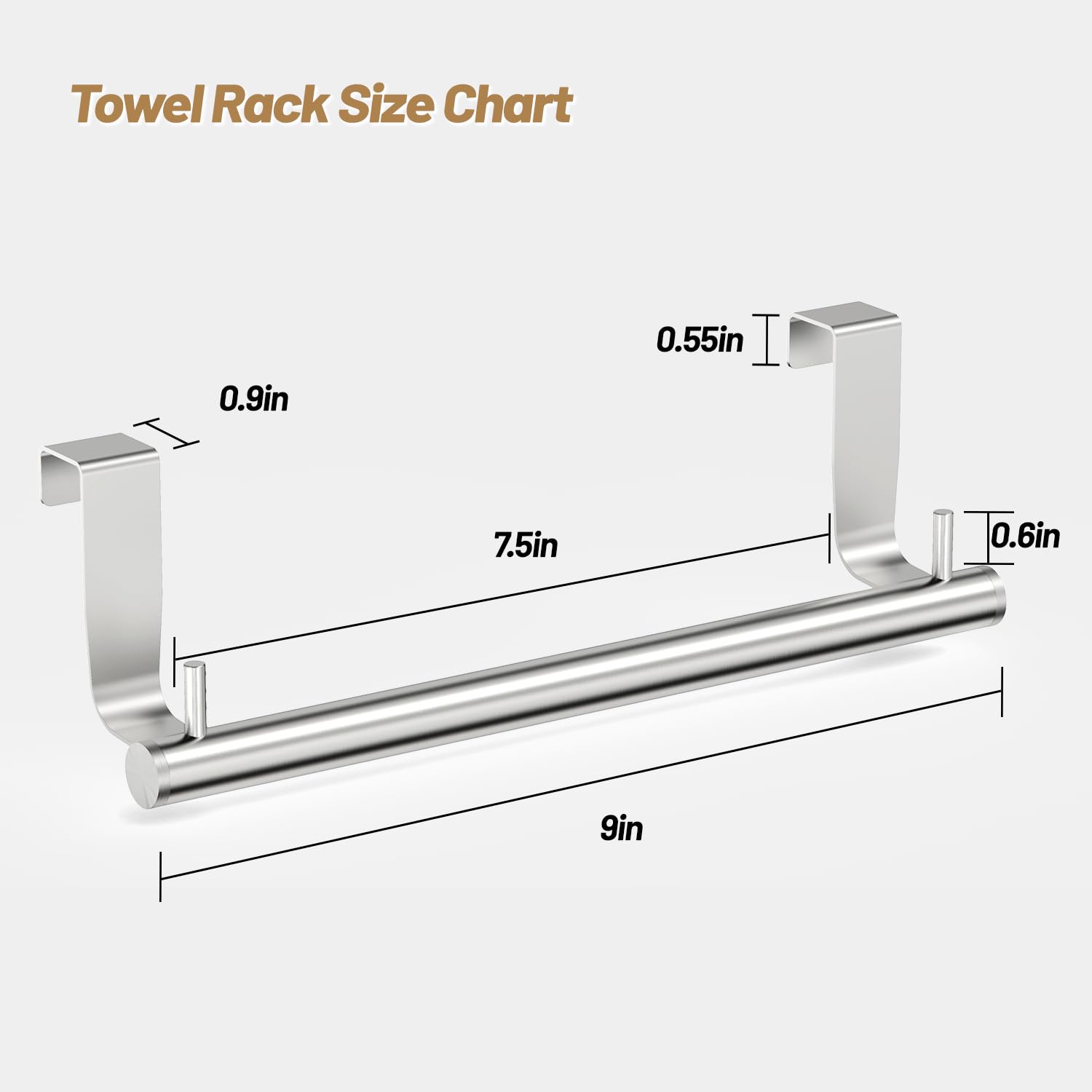 Vehhe Kitchen Towel Holder 2-Piece, 2 Hooks, Eva Foam Protective Mats, 9-Inch Stainless Steel Over The Door Towel Rack (Silver)