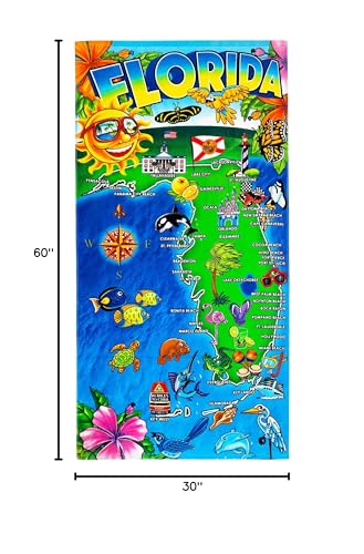 Florida Map Beach Towel 30 X 60 Inch 100% Cotton - Sunshine State (One Towel)