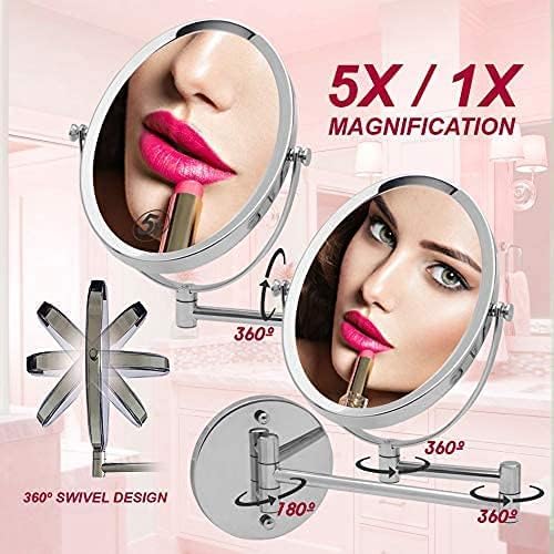 Wall Mounted Bathroom Makeup & Shaving Mirror, Double Sided 5X & 1X Magnification, 13-Inch Extension Swivel Arm, Oval 6.6'' X 8.