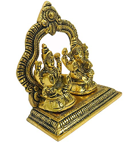 Evisha Golden Brass Lord Lakshmi/Ganesha Laxmi/Ganesh With Back Frame Statue Antique Finish Idols Murti Pooja Temple