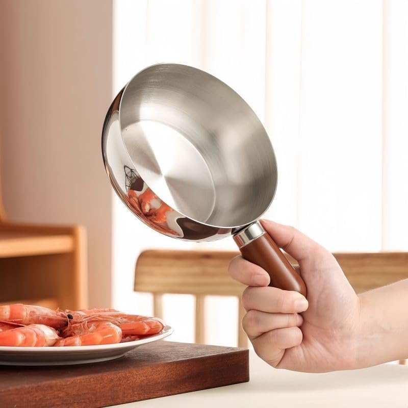 Openja Saucepans Mini Oil Pan For Home, Stainless Steel Tadka Pan With Wooden Handle, Heavy Base Small Saucepan For Tempering, M