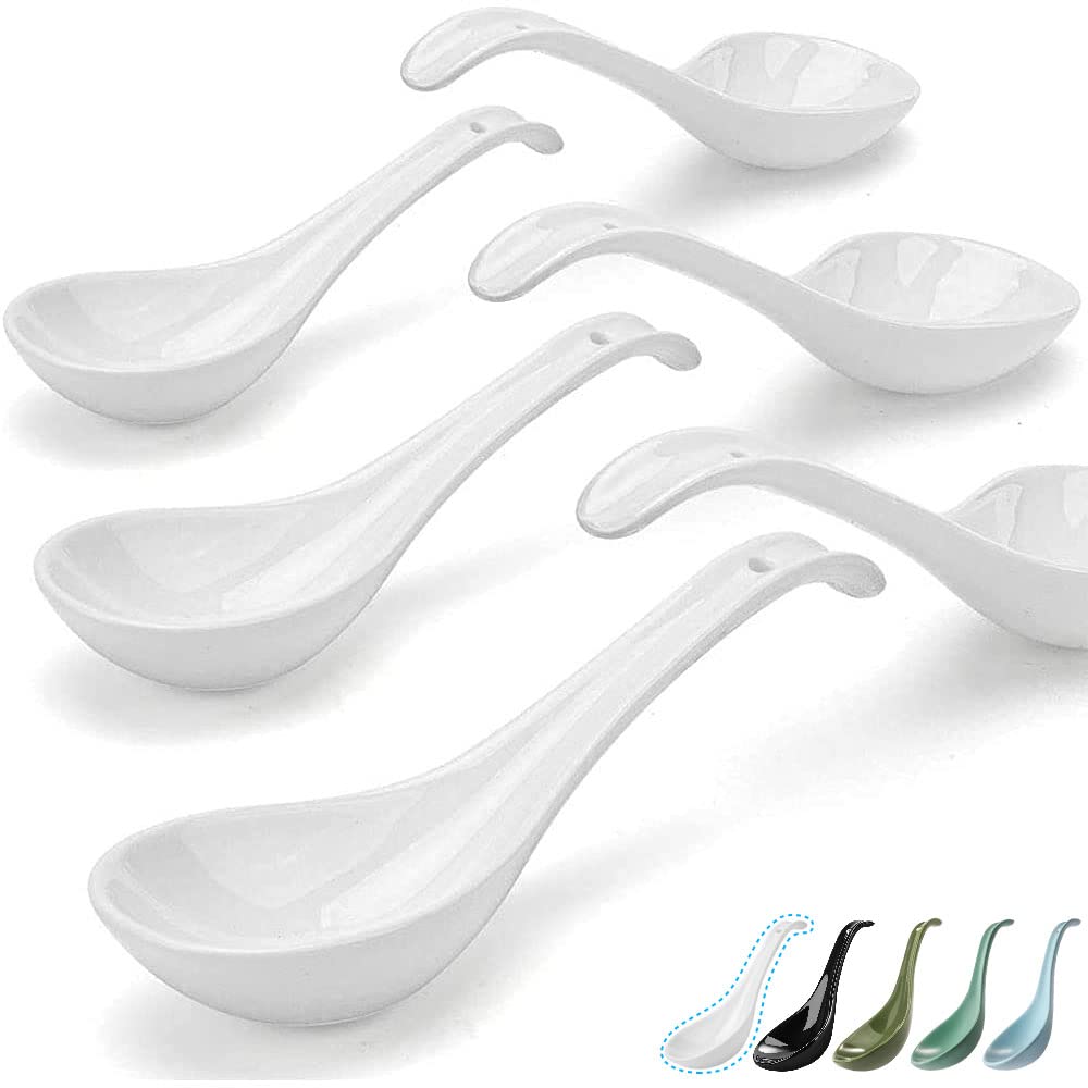 Artena Bright White 6.75 Inch Asian Soup Spoons Set Of 6, Ultra-Fine Porcelain Tablespoon, Chinese/Japanese Kitchen Soup Spoons