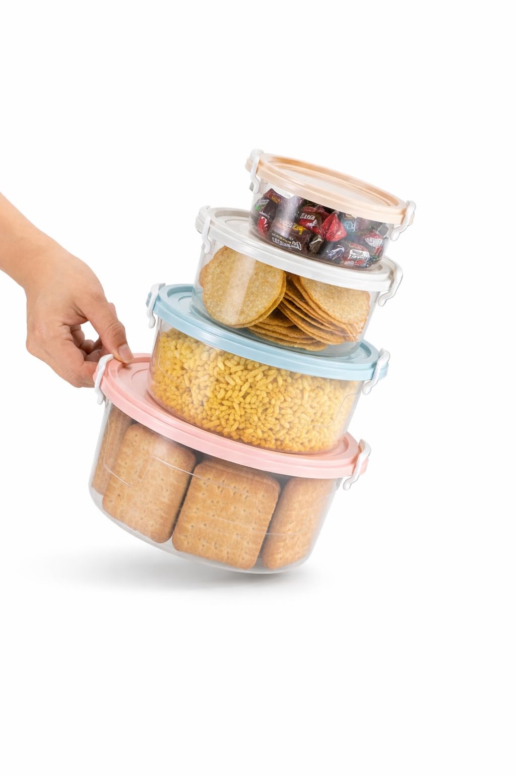 Teaser Round Lock Container Set Of 4 (3300Ml, 2100Ml, 1300Ml, 700Ml) | Transparent Food Storage Containers With Clip Lock Lid | 