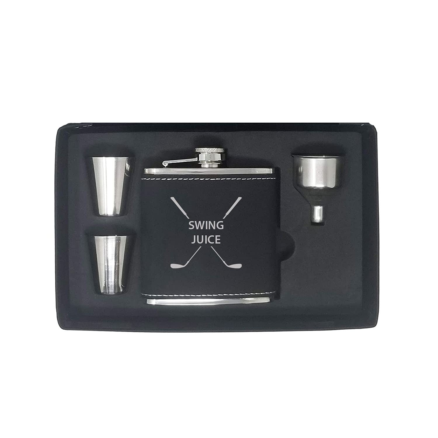 Swing Juice Flask, Funnel, Shot Glasses, And Gift Box - Golfing Birdie Juice Hip Stainless Steel Leatherette Metal Faux Leather