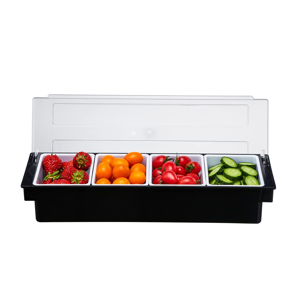 Mukeen Ice Cooled Condiment Serving Container-4 Compartment Chilled Garnish Tray Bar Caddy With Hinged Lid (4 Compartments)