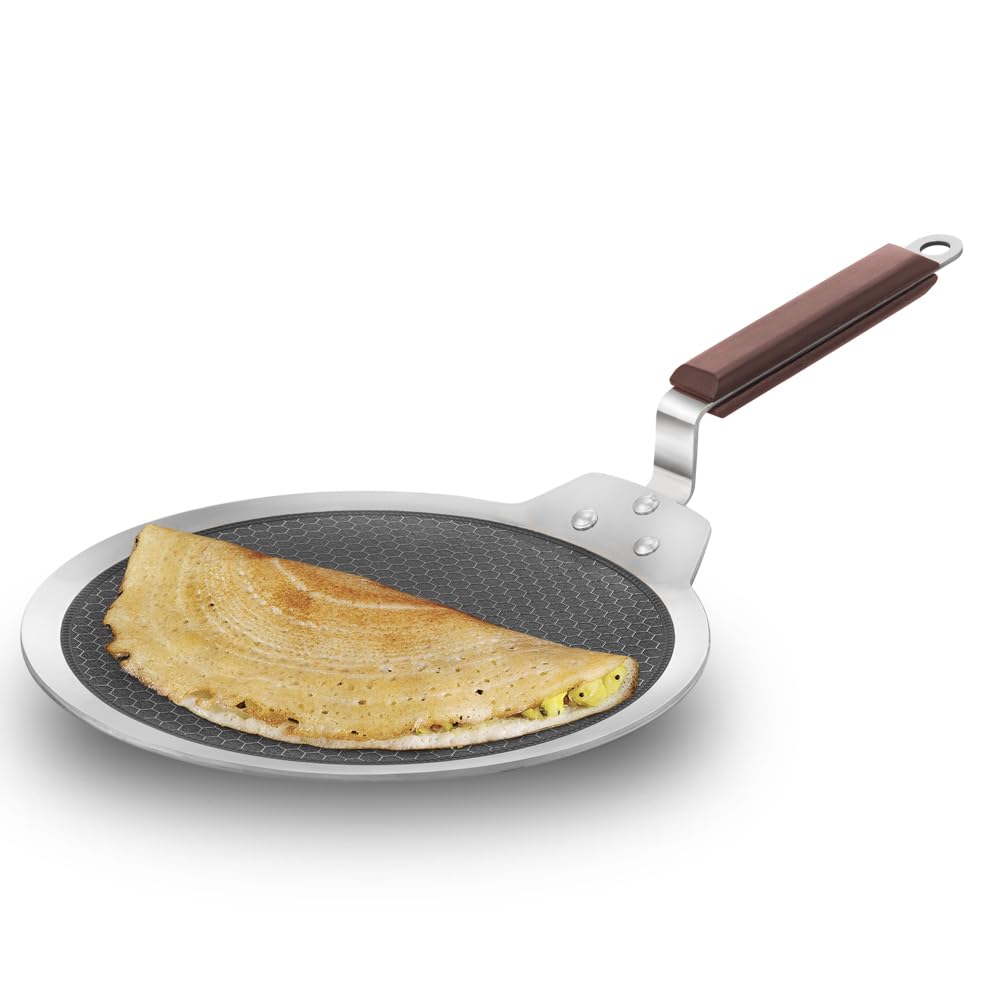 Hawkins 28 Cm Dosa Tava, Triply Stainless Steel Shielded Nonstick Tawa With Rosewood Handle, Honeycomb Non Stick Induction Tawa,