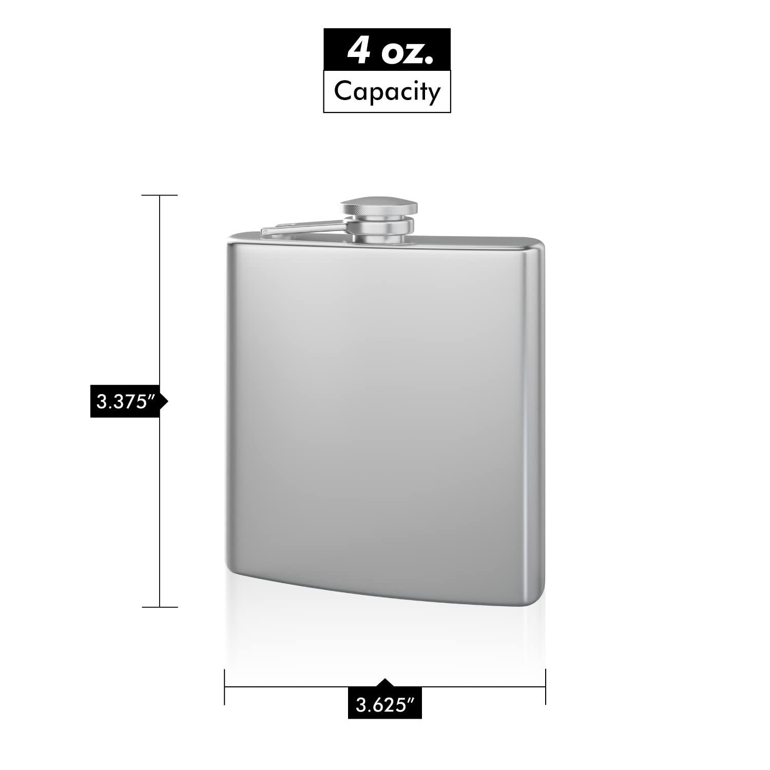 Hip Flask Holding 4 Oz Pocket Size, Stainless Steel, Rustproof, Screw-On Cap - Metallic Grey Finish