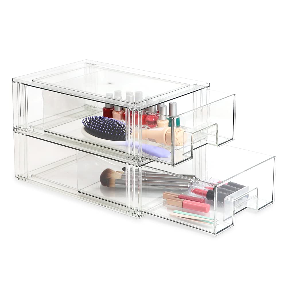 Isaac Jacobs Medium Stackable Organizer Drawer (12.5    X 8.3    X 4.1   ), Clear Plastic Storage Box, Pull-Out Bin, Home, Offic