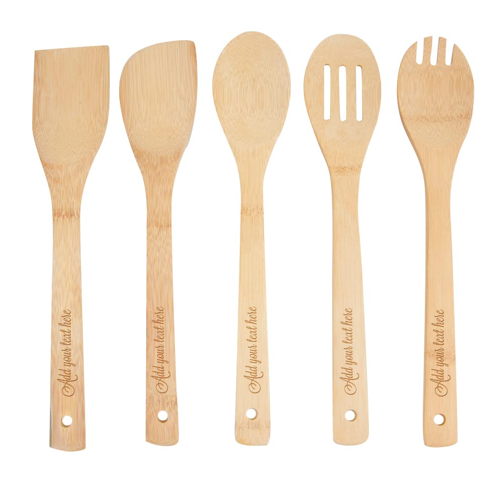Printsupremacy Custom Engraved Bamboo Cooking Spoons Set, Non Stick Wooden Kitchen Gadget Pan Cookware, Baking Gift For Housewar