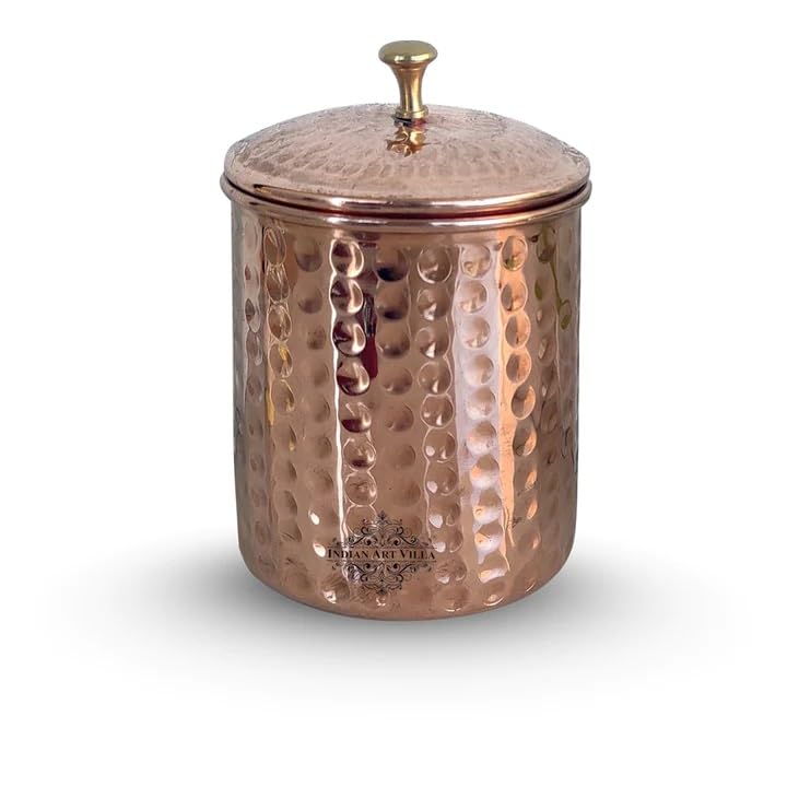 Indian Art Villa Pure Copper Hammered Design Storage Box/Container With Brass Knob On Top, Volume700 Ml