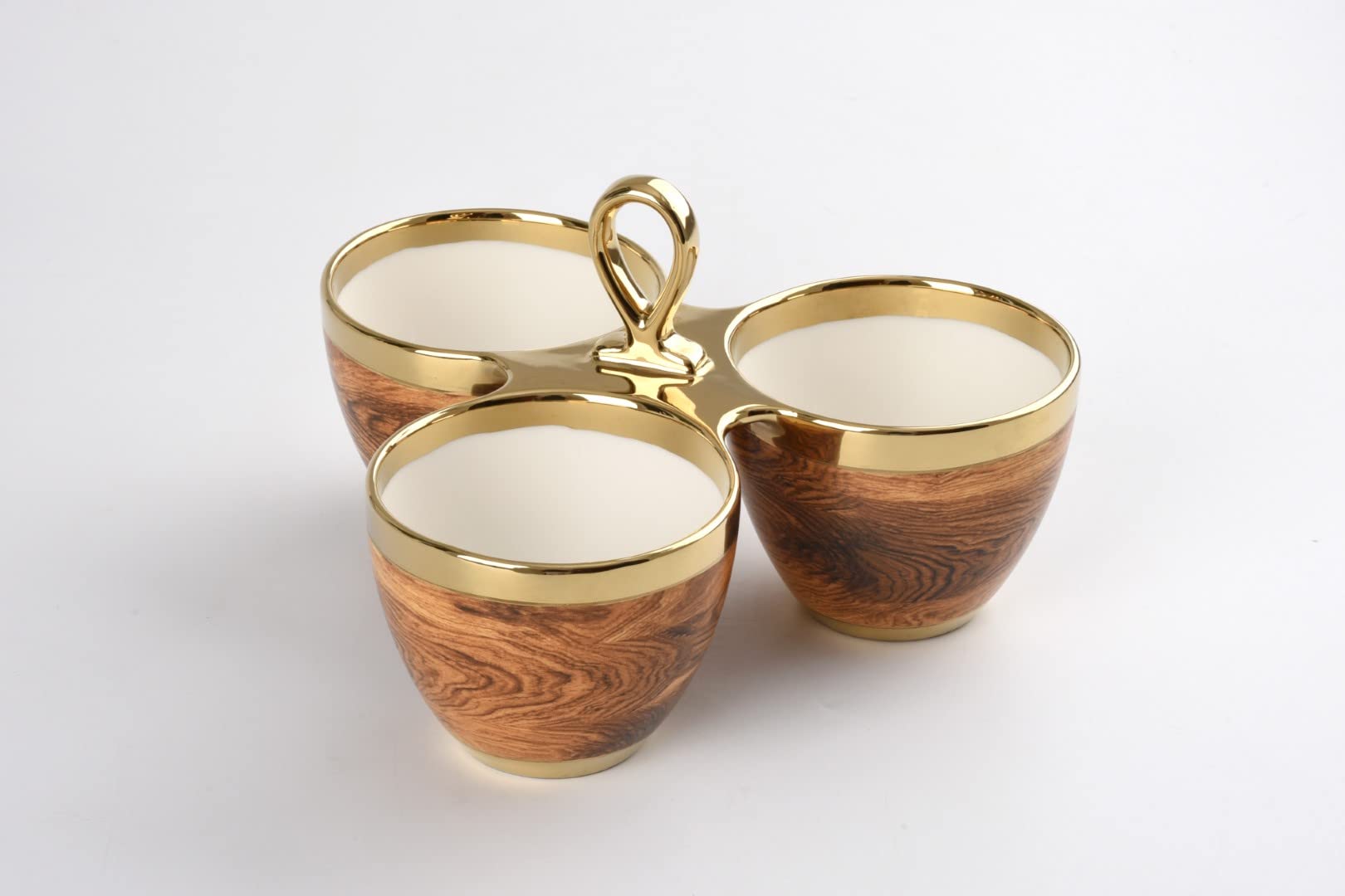 Pampa Bay Wood Look Titanium-Plated Porcelain 3 Part Server, 8.8 X 5.5 Inch, Gold/White/Wood Look