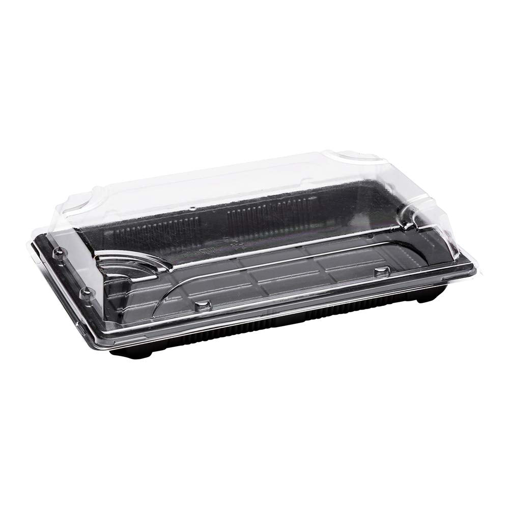 Restaurantware Roku 8.75 x 5.5 Inch Sushi Trays  100 Disposable Sushi Containers With Lids - Large  Rectangle  Black Plastic To Go Containers  For Appetizers  Entrees  or Desserts