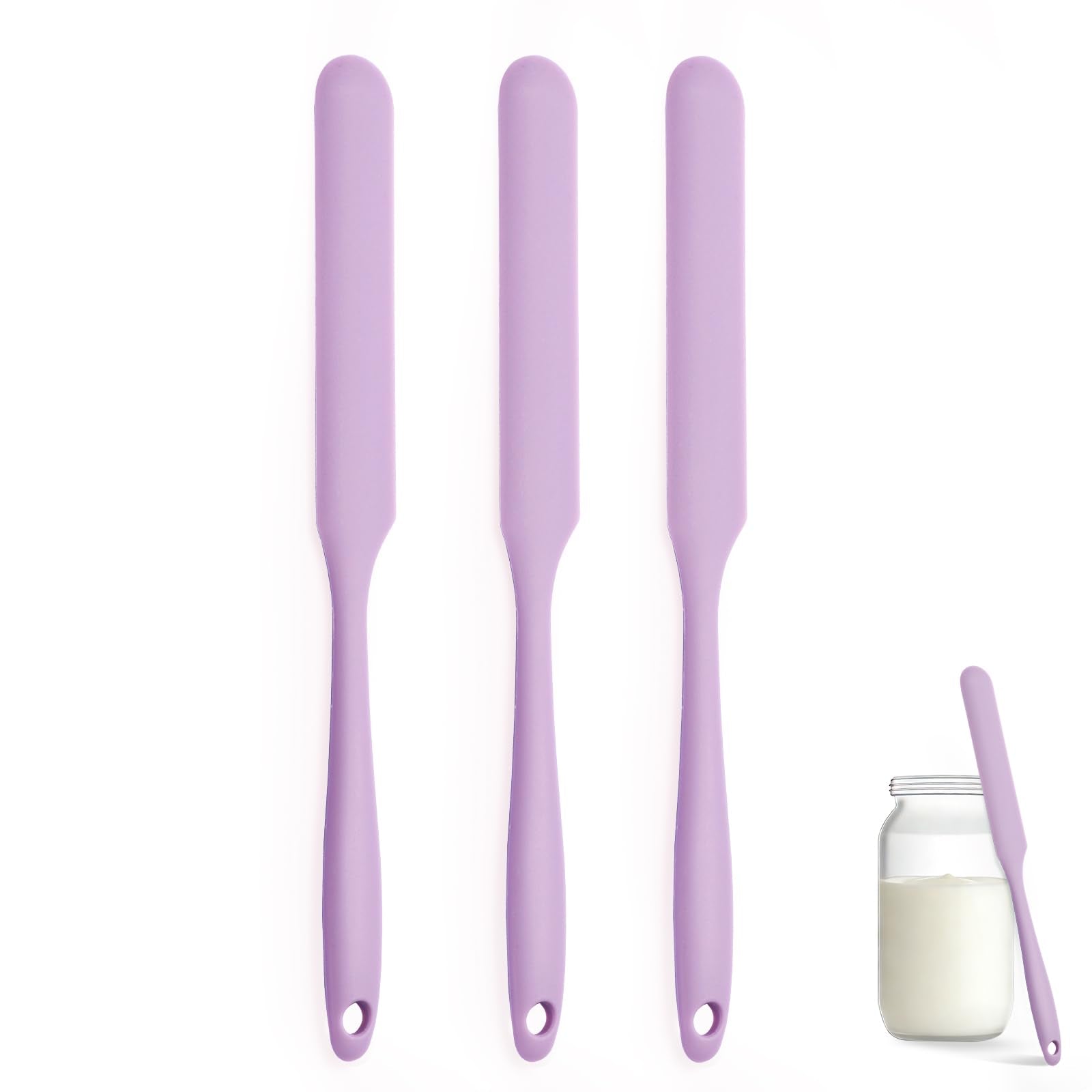 Silicone Jar Spatula Set of 3, Long Handle Skinny Spatula and Spurtle for Sourdough Starter, Flexible Jar Scraper for Peanut But