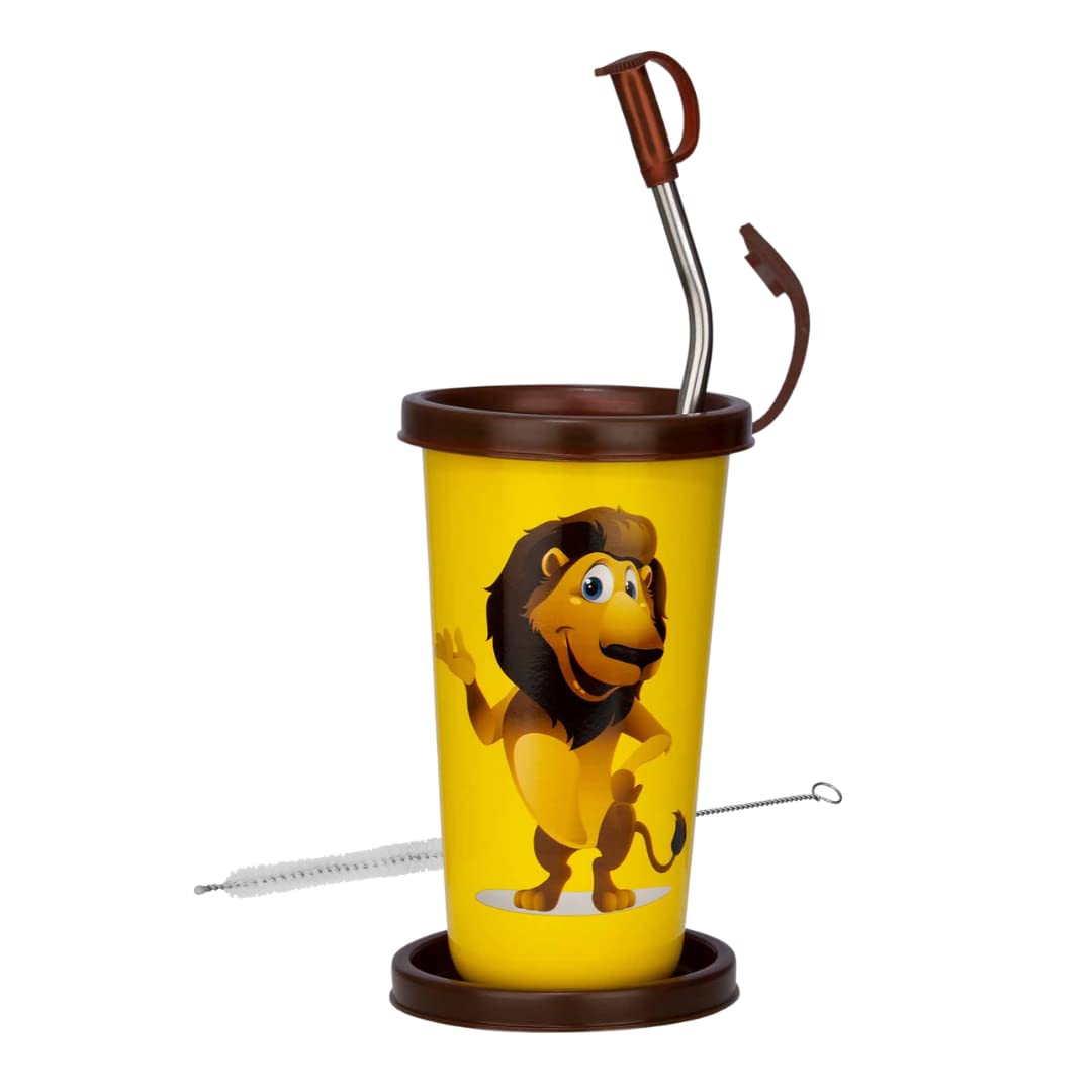 Pddfalcon Stainless Steel Cartoon Print Glass/Tumbler With Steel Straw,Cleaning Brush & Food Grade Cap For Straw, 100% Leak Proo
