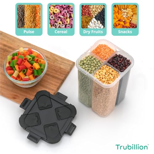 Trubillion Splitbox 4-Section Kitchen Food Storage Container,2000Ml Bpa-Free Transparent,Black Lid,Removable Divider,Freezer Saf