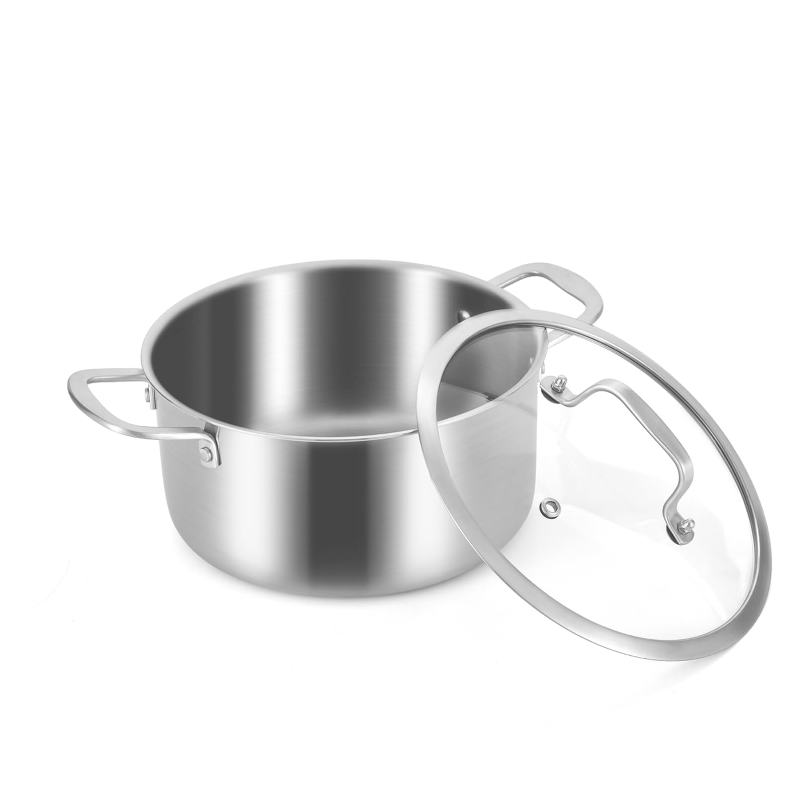 Moutius 5-Qt Stock Pot With Lid, Stainless Steel For High Heat, Crock For Simmering, Tri-Ply Bottom, Clear Glass Lid, Double Han