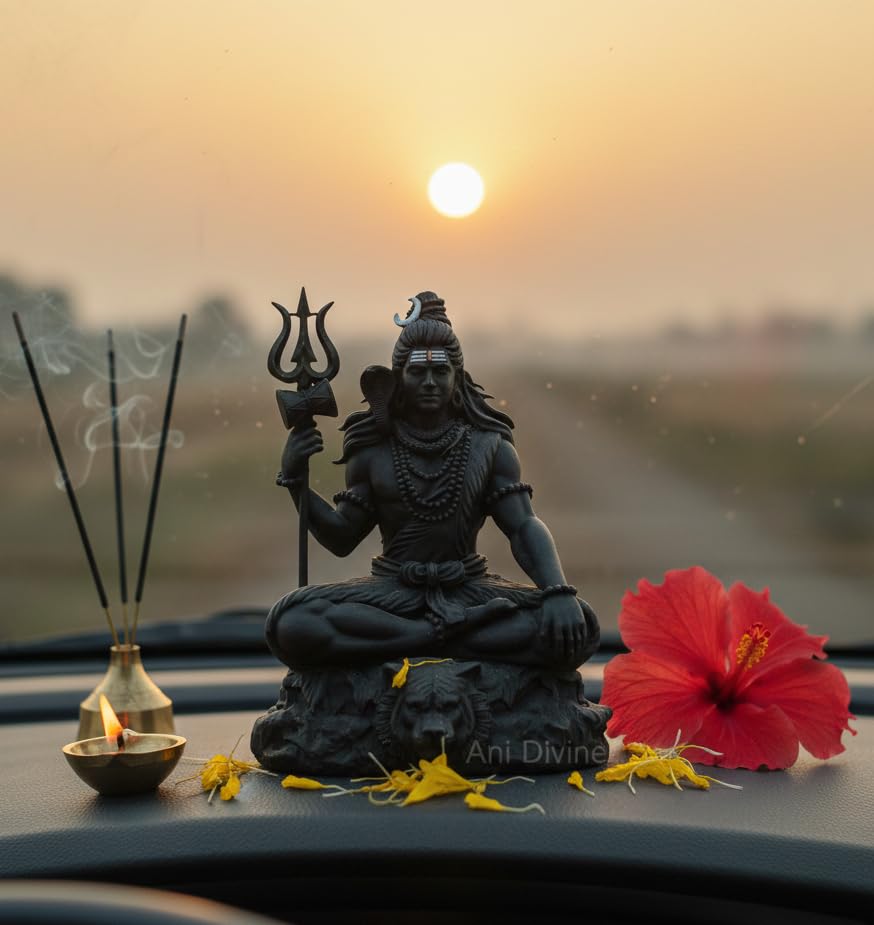 Ani Divine Miniature Lord Shiv Shankar Ji Idol Statue || Matte Black Small Mahadev Bhoolenath Shambu Sculpture For Car Dashboard