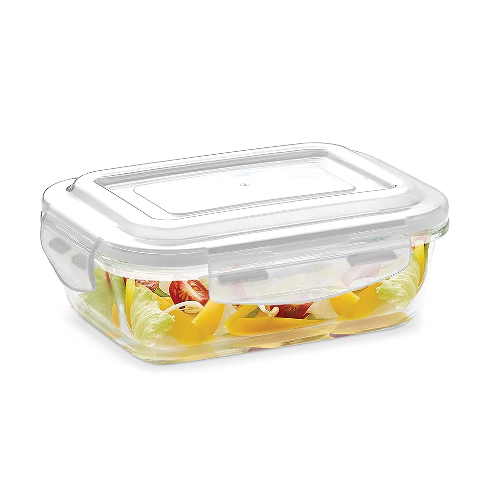 Borosil Klip N Store Glass Storage Container For Kitchen With AirTight Lid, Microwave & Oven Safe, Rectangular, 640 ml, Clear